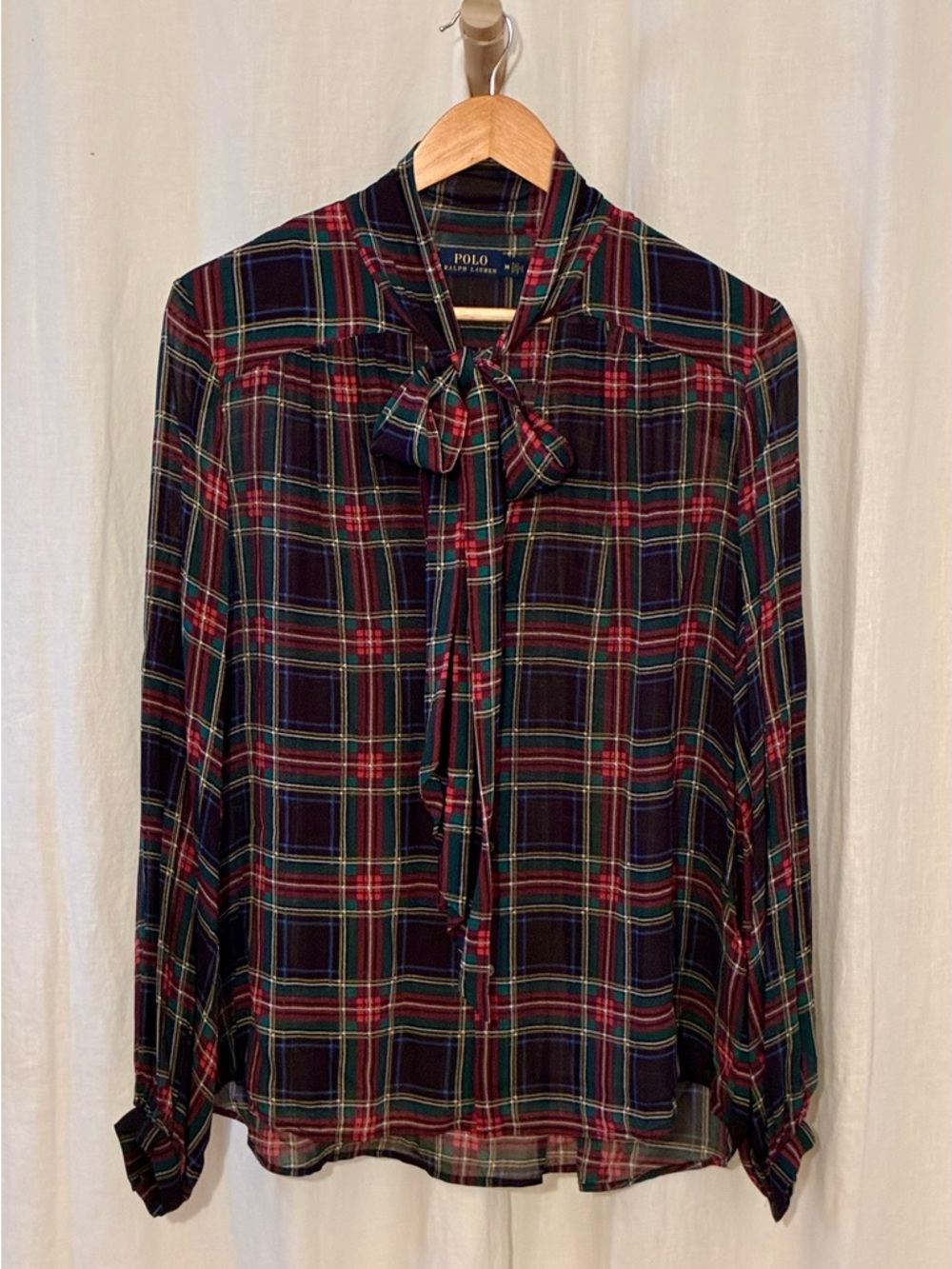 Polo Ralph Lauren Plaid Tie-Neck Blouse in Black, Green & Red